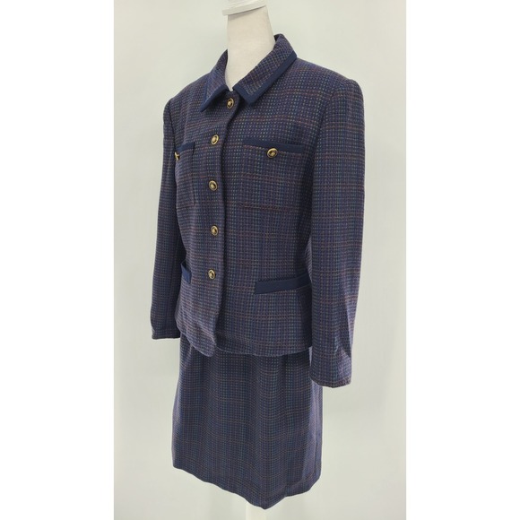 Kasper ASL Tweed Navy Skirt Suit Set 12 Petite Wool Vtg Career Dark Academia - Picture 3 of 12